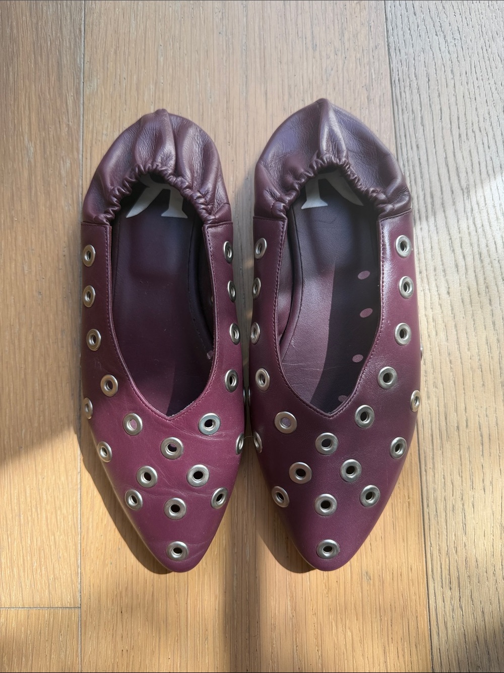 Roseanna Burgundy Pointed Flats with Silver Grommet Accents size 38